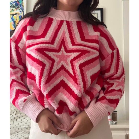 SHEIN Pink Red White Star Sweater Size Medium - Picture 3 of 9